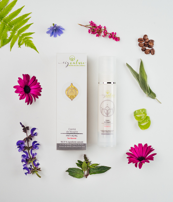 Hydrating Night Cream for Normal Skin with Mango Butter and Peony-, Mint-, Coffee- and Aloe Vera extracts 